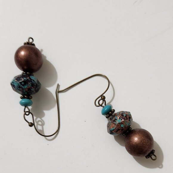 Hand Crafted Pierced Bead Earrings Turquoise Bronze Dangle Drop - Picture 3 of 5